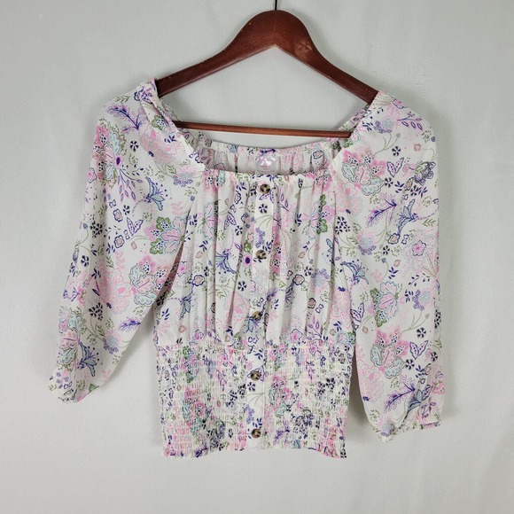 No Boundaries Juniors Blouse Size 1 Top White Floral‎ Long Sleeve Square Neck - Picture 1 of 11